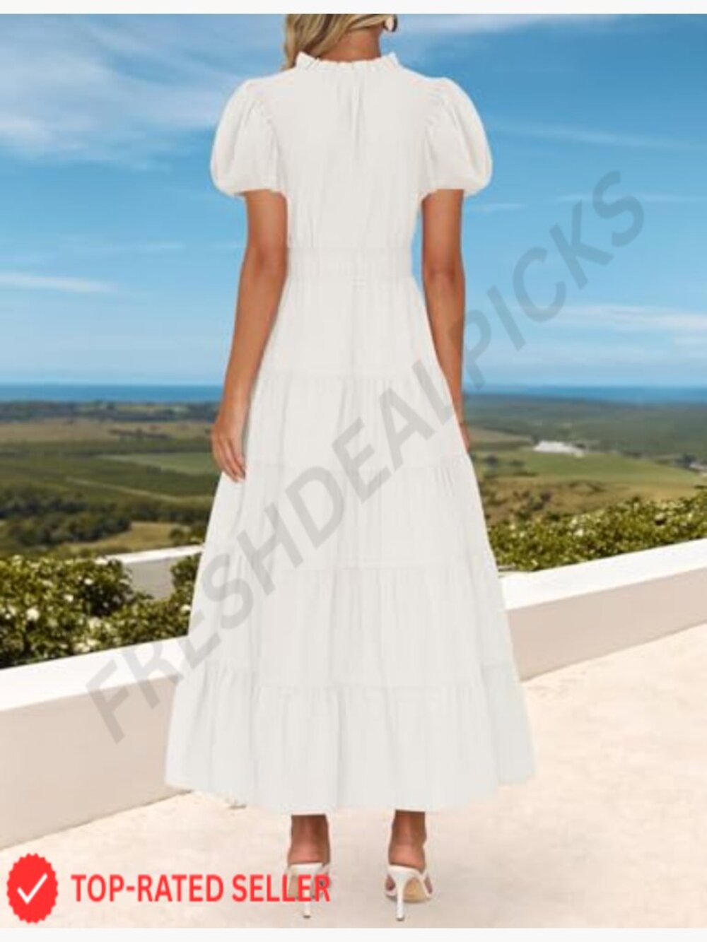 Puff Short Sleeve V Neck Ruffle Tiered Flowy Boho Maxi Dress - Picture 3 of 7